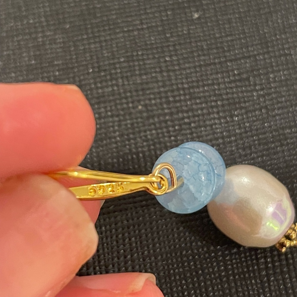 Elegant sterling 925 Gold and aquamarine  Pearl Drop Earrings - Picture 10 of 10